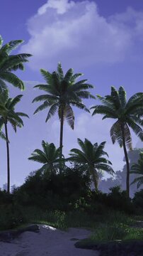 Vibrant green palm trees rise majestically against a soft twilight sky. The serene landscape invites relaxation and a sense of wonder at natures beauty.