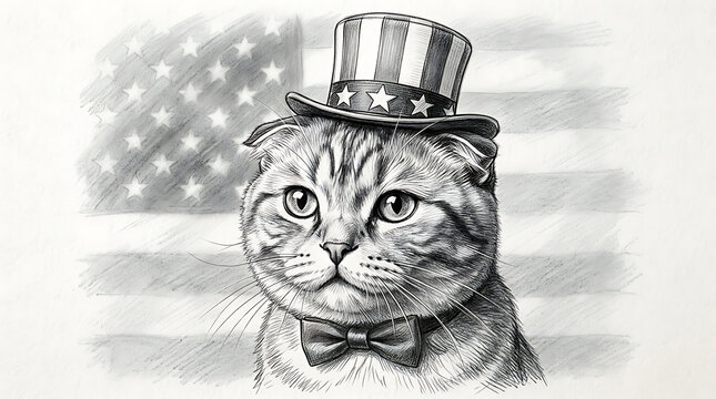 Pencil Sketch Portrait of Patriotic Cat Wearing Top Hat and Bow Tie in Front of US Flag