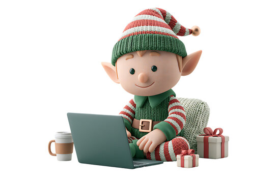 Cute Christmas elf working on laptop with coffee and gifts isolated on transparent background