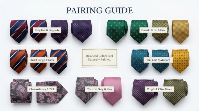 Professional necktie pairing guide showcases sophisticated color combinations for formal attire including navy burgundy emerald gold rust orange teal mustard and charcoal grey pink men