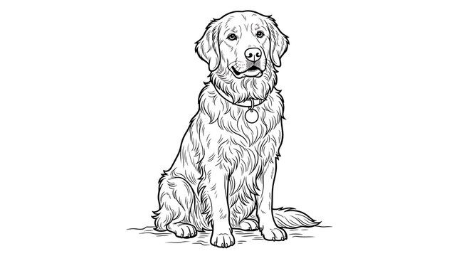Golden Retriever Dog Line Art Vector Illustration Sitting Dog Coloring Page Isolated on White Background