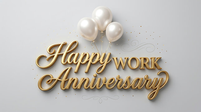 Gold text happy work anniversary with white balloons