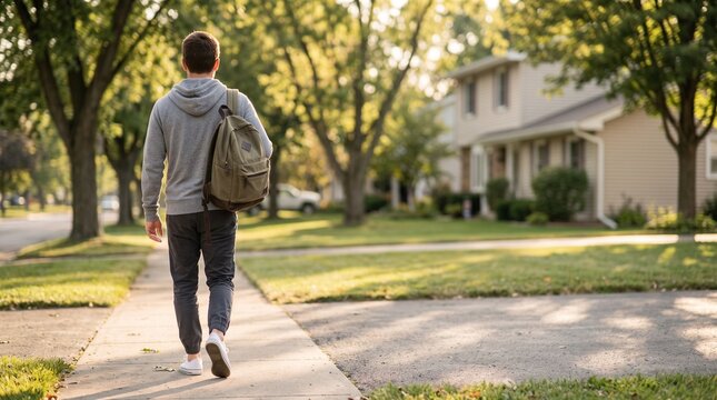 Young male student with backpack walking down suburban sidewalk rear view