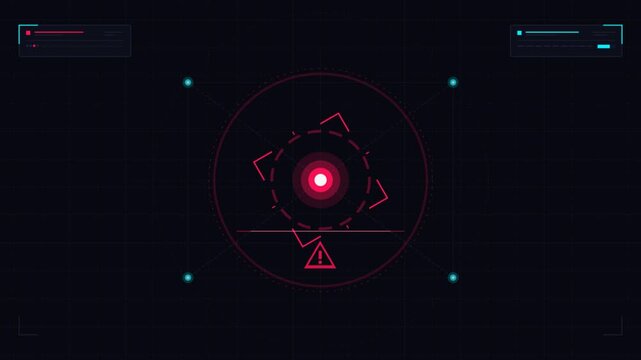 Red digital targeting crosshair with warning sign on dark grid interface