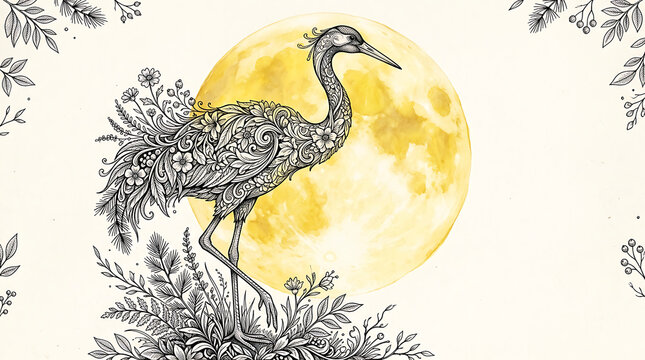 Steampunk Heron Illustration with Gears and Clockwork standing in Reeds against Full Yellow Moon Art Print