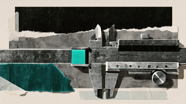Precision caliper closing on a bright cube in a mixed-media collage