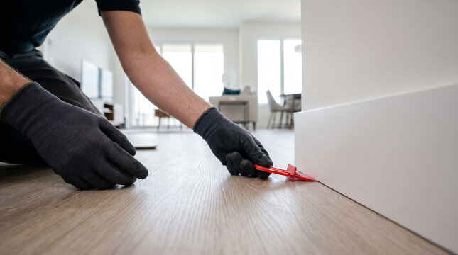 Professional flooring installer using a plastic spacer to maintain an expansion gap between laminate flooring and the baseboard