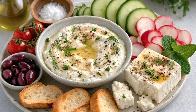 Healthy Mediterranean Appetizer Platter with Whipped Feta Dip, Olives, Fresh Vegetables and Bread