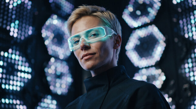 Portrait of a confident woman wearing futuristic glowing neon glasses against a background of abstract digital lights and technology