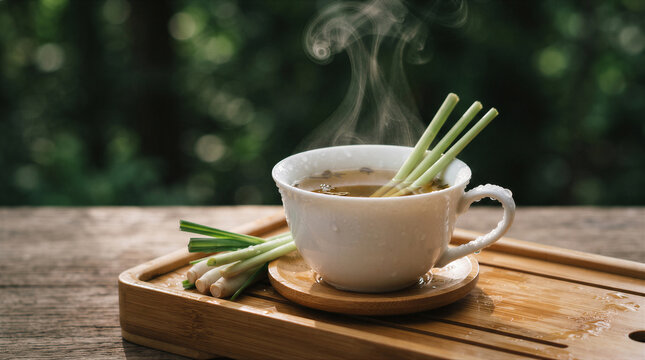Steaming cup of lemongrass tea on a wooden tray with fresh lemongrass stalks, rustic outdoor setting with soft natural light