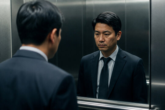 AI generated worker standing alone elevator mirror reflection cool lighting showing corporate solitude introspection quiet workplace mood