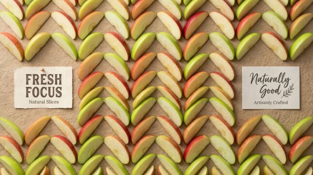 Freshly sliced red and green apple pieces arranged in a repetitive chevron pattern on a textured sandy surface with small paper labels, creating a vibrant flat lay for healthy lifestyle concepts. Oke.