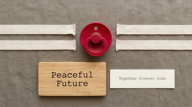 Minimalist top view of a red baby pacifier between wooden and paper blocks displaying Peaceful Future and Together Forever Home on a grey textured background for parenting and family concept hope art.
