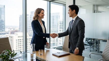 Fototapeta premium Businessman and Businesswoman Shaking Hands in Agreement at Modern Office