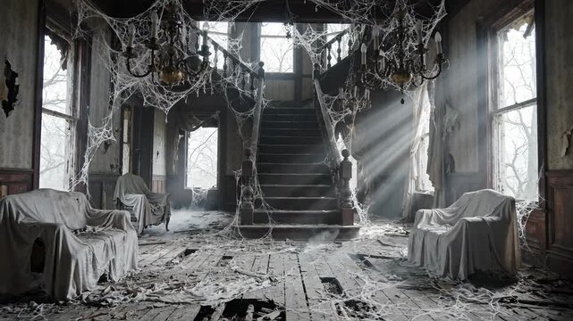 Abandoned mansion interior with dust and cobwebs in the moonlight