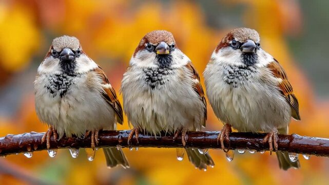 Three Sparrows on a Branch: Three small, fluffy sparrows with distinctive brown and white plumage perch closely together on a wet branch, their eyes alert. The background features warm autumn foliage.