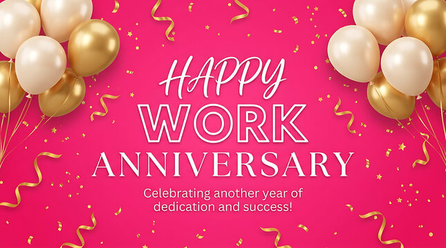 Happy work anniversary with gold and cream balloons and confetti