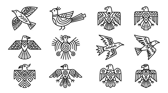 Tribal Birds Icon Set Vector Illustration with Eagle Owl Falcon Raven and Heron Line Art Symbols