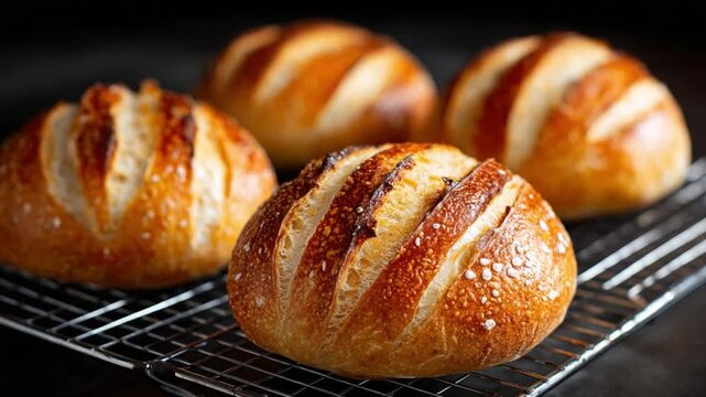 Artisan Sourdough Loaves: A rustic collection of four freshly baked sourdough bread loaves, showcasing a golden-brown crust with signature scoring and a sprinkle of sea salt, resting on a wire rack.