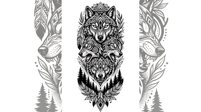 Ornate Wolf Pack Tattoo Design Vector Illustration with Tribal Mandalas Feathers and Pine Forest Elements

