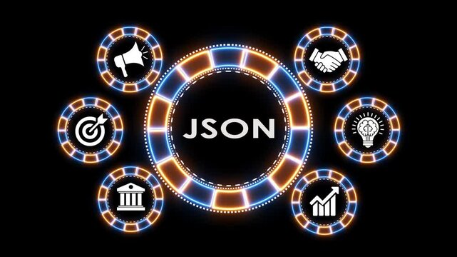 Abstract digital motion graphic showing json technology concept with icons animation.