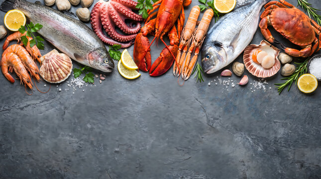 Fresh seafood including fish shellfish and crustaceans arranged on a stone surface