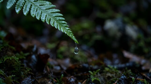 Water drop falling from a green fern leaf in a lush forest environment