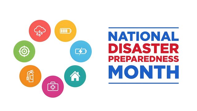 National disaster preparedness month conceptual background with safety icons in circular arrangement, disaster