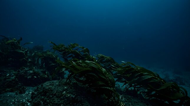 Underwater view of kelp forest growing on ocean floor in deep blue sea
