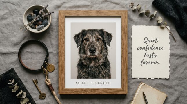 The rustic wooden frame holding a scruffy dog portrait on a grey linen background with a leather pet collar and vintage accessories, showcasing a heart touching memorial scene for a beloved canine