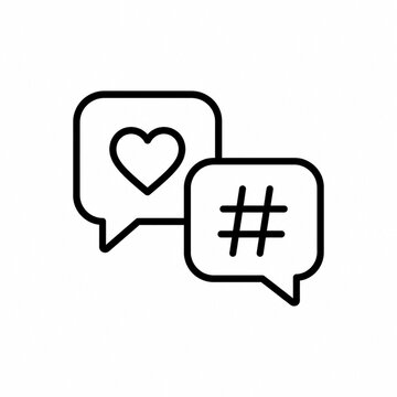 Minimal outline vector icon featuring overlapping speech bubbles with heart and hashtag symbols, representing social media, messaging, online engagement, community, and digital communication.