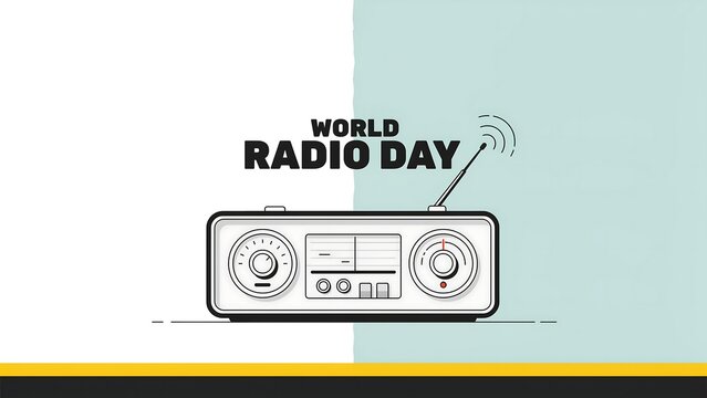 Minimalist illustration celebrating world radio day with vintage radio concept broadcasting communication