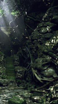 Stone stairs emerge from thick, lush greenery, surrounded by towering rocks and tangled roots. Soft sunlight filters through the canopy, creating an enchanting atmosphere.