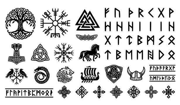 Norse Viking rune symbols vector set with Vegvisir Yggdrasil Valknut and Scandinavian mystical icons