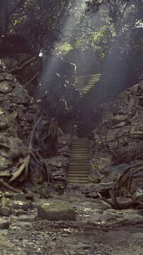 Sunlight filters through the dense canopy, illuminating weathered stone steps surrounded by tangled roots and ancient rocks. A sense of magic and history fills the air, inviting exploration.
