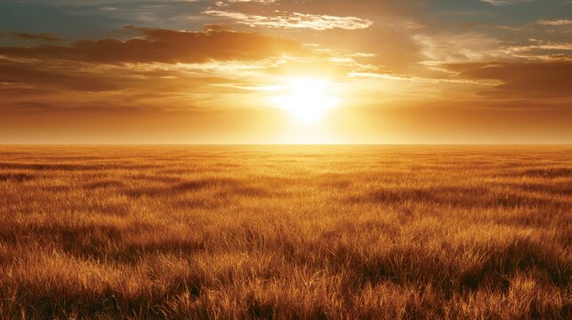 Serene Horizon at Sunset Over Golden Fields with Warm Tones and Cloudy Sky, Evoking Tranquility and Natural Beauty in a Vast Landscape
