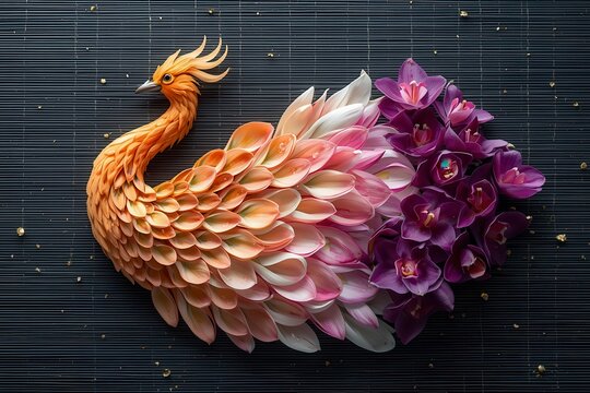 Exquisite flat lay composition of a golden phoenix bird sculpture formed with orange flower petals, pink gradient feathers, and purple orchids on a dark bamboo background