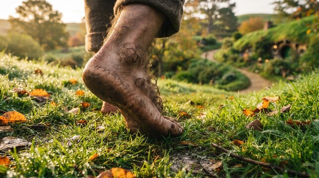 Barefoot person walking on grassy path in a Hobbit-themed landscape  