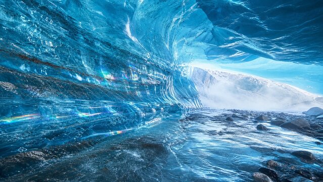 Prismatic light inside a blue ice cave