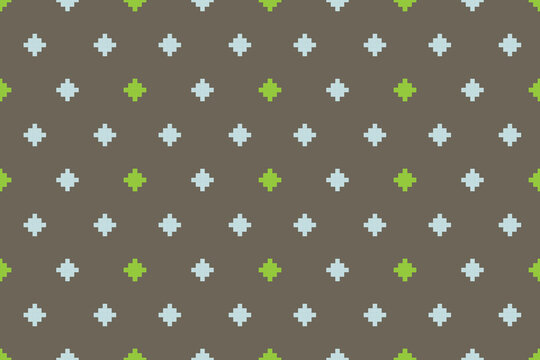 Minimal pixel-style seamless geometric pattern with colorful cross motifs on a neutral background. Modern repeating design suitable for digital wallpaper, fabric, packaging, gaming themes, and surface