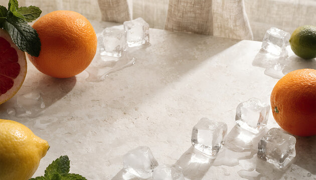 Fresh citrus fruits, mint leaves and ice cubes on stone surface with copy space