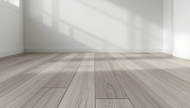 Minimalist empty room with modern light wood parquet flooring and clean white walls featuring soft window sunlight shadows