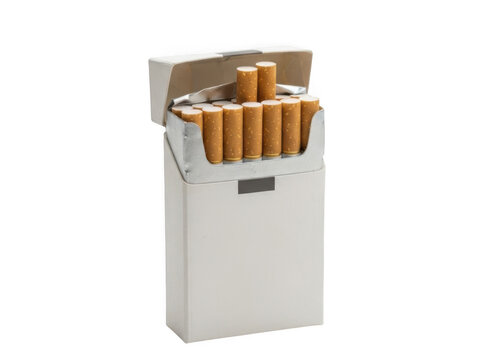 Open pack of cigarettes in a metallic box isolated on transparent background