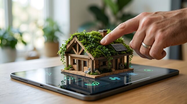 Smart home energy management system showing hand controlling sustainable eco house model via digital tablet interface