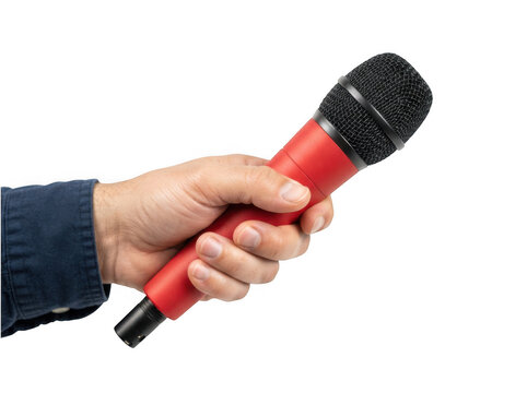 Person holding a red microphone close-up isolated on transparent background