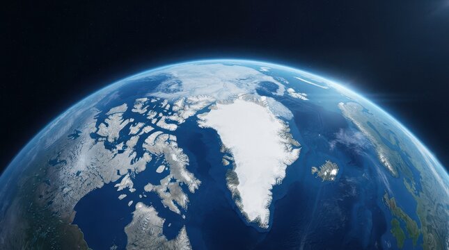 View of the earth from space focusing on the arctic and greenland