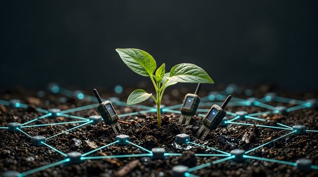 Digital agritech innovation showing young plant surrounded by glowing iot sensor network grid for smart soil monitoring
