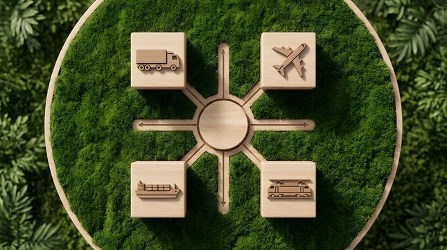 Centralized sustainable logistics network hub concept featuring wooden transportation blocks on lush green moss