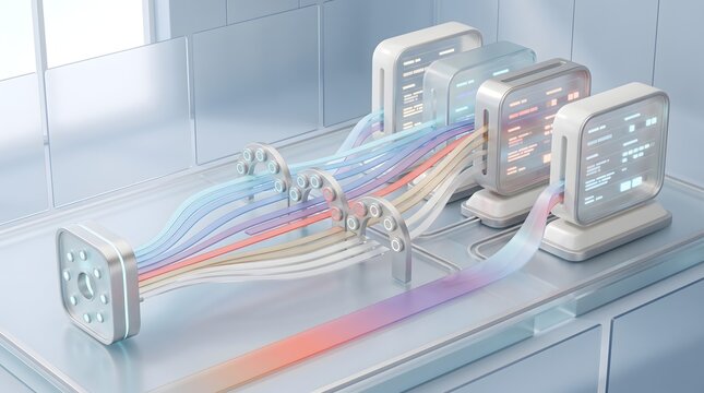 Microservices architecture routing concept showing colorful data pipelines flowing through circular nodes into server terminals