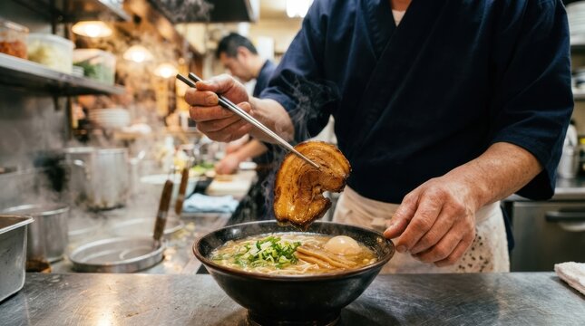 A close-up of a chef's hands placing a perfect slice of chashu (braised pork belly) onto a bowl of ramen, the meat glistening, the fat rendered. The chef's hands are steady, the placement is precise.